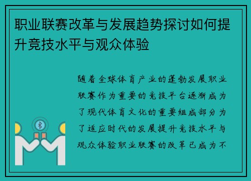 职业联赛改革与发展趋势探讨如何提升竞技水平与观众体验
